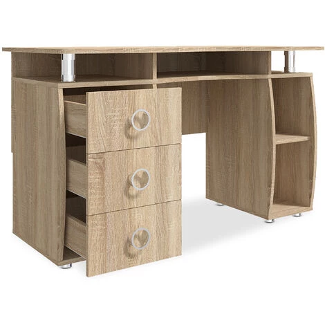 LES TENDANCES Bureau 3 Tiroirs 5 étagères Bois Chêne Clair Marte 125 Cm 4 LES TENDANCES Bureau 3 Tiroirs 5 étagères Bois Chêne Clair Marte 125 Cm – Image 2