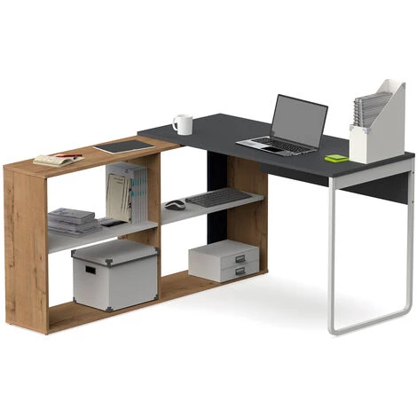 Bureau Angulaire Réversible Coloris Chêne Doré / Gris - Hauteur 143 X Longueur 120 X Profondeur 72 Cm -PEGANE- 4 Bureau Angulaire Réversible Coloris Chêne Doré / Gris - Hauteur 143 X Longueur 120 X Profondeur 72 Cm -PEGANE- – Image 2