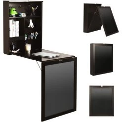 COSTWAY Table Murale Rabattable Pour Cuisine Avec Tableau Noir, Etagère Intégrée 75 X 15.8 X 60.1CM En MDF Marron