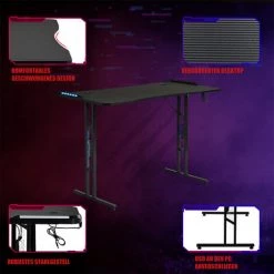 Kartokner Bureau Gaming Bureau Gamer Bureau Pour Gaming PC Informatique Table Desk Tapis Souris Porte Gobelet Support Casque Noir 120 X 60 X 78 Cm Lumières LED Support USB -France Bureau Soldes 2022 43588659 3