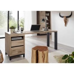 MASSIVMOEBEL24.DE Bureau 220x55 Chêne Sauvage Huilé Bianco VILLANDERS #242 - Brun Clair