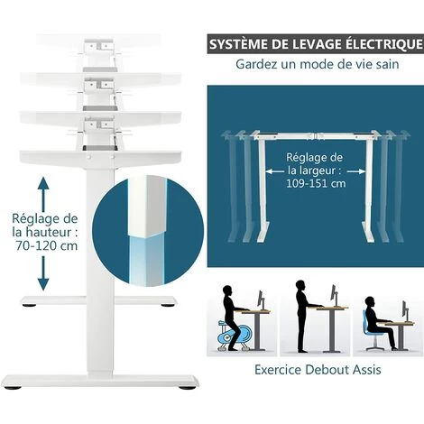 COSTWAY Bureau Assis Debout/ Pied De Bureau Electrique Réglable En Hauteur De 70 à 120 Cm,2 Moteurs,Blanc 4 COSTWAY Bureau Assis Debout/ Pied De Bureau Electrique Réglable En Hauteur De 70 à 120 Cm,2 Moteurs,Blanc – Image 2