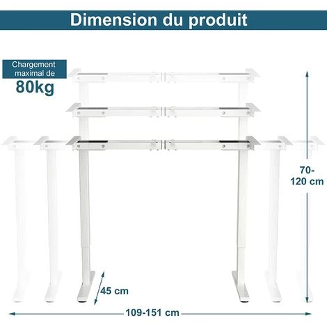 COSTWAY Bureau Assis Debout/ Pied De Bureau Electrique Réglable En Hauteur De 70 à 120 Cm,2 Moteurs,Blanc 7 COSTWAY Bureau Assis Debout/ Pied De Bureau Electrique Réglable En Hauteur De 70 à 120 Cm,2 Moteurs,Blanc – Image 5
