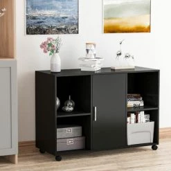 HOMCOM Vinsetto Support D'imprimante - Caisson Organiseur Bureau - 4 Niches, Placard Porte, Grand Plateau - Panneaux Particules Noir -France Bureau Soldes 2022 44066302 4