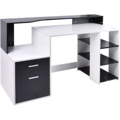 HOMCOM Bureau Informatique Multimédia Design Multi-rangements 137 L X 55 L X 92 H Cm Noir Et Blanc - Blanc