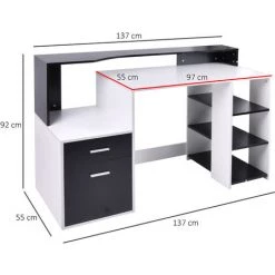 HOMCOM Bureau Informatique Multimédia Design Multi-rangements 137 L X 55 L X 92 H Cm Noir Et Blanc - Blanc -France Bureau Soldes 2022 4435120 3