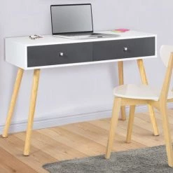 IDMARKET Bureau D'appoint Console 2 Tiroirs EMMIE Scandinave Bois Blanc Et Tiroirs Gris