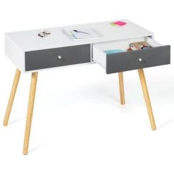 IDMARKET Bureau D'appoint Console 2 Tiroirs EMMIE Scandinave Bois Blanc Et Tiroirs Gris -France Bureau Soldes 2022 44457427 3