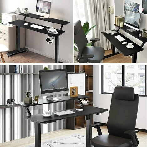 GOPLUS Table De Bureau ?lectrique Réglable En Hauteur 77-137CM,Bureau Assis-Debout à 2 ?tages, Avec Moteur, Table Informatique De 2 Couches Avec Support De Moniteur (Noir) 7 GOPLUS Table De Bureau ?lectrique Réglable En Hauteur 77-137CM,Bureau Assis-Debout à 2 ?tages, Avec Moteur, Table Informatique De 2 Couches Avec Support De Moniteur (Noir) – Image 5
