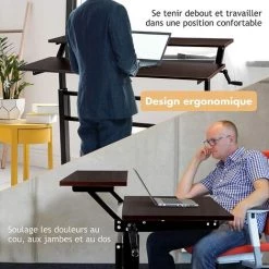 GOPLUS Bureau Assis Debout Réglable En Hauteur Manuelle 88-126CM Avec Manivelle,Poste De Travail Réglable à Manivelle Avec ?tagères,pour PC, Ordinateur Portable (avec ?tagère, Marron) -France Bureau Soldes 2022 44770822 4