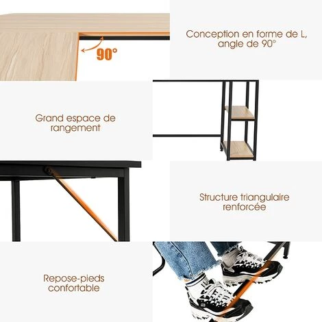 GOPLUS Bureau D’Angle, Table Informatique En Forme De L, Bureau D'Ordinateur Avec 2 Etagère De Rangement,Meuble Bureau Ordinateur,Bureau Informatique,Table De Travail Atelier,Style Vintage (Naturel) 4 GOPLUS Bureau D’Angle, Table Informatique En Forme De L, Bureau D'Ordinateur Avec 2 Etagère De Rangement,Meuble Bureau Ordinateur,Bureau Informatique,Table De Travail Atelier,Style Vintage (Naturel) – Image 2