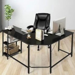 GOPLUS Bureau D’Angle, Table Informatique En Forme De L, Bureau D'Ordinateur Avec 2 Etagère De Rangement,Meuble Bureau Ordinateur,Bureau Informatique,Table De Travail Atelier,Style Vintage (Noir) -France Bureau Soldes 2022 45683741 2