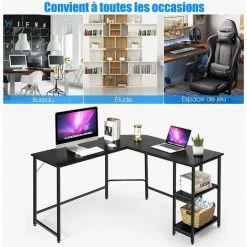 GOPLUS Bureau D’Angle, Table Informatique En Forme De L, Bureau D'Ordinateur Avec 2 Etagère De Rangement,Meuble Bureau Ordinateur,Bureau Informatique,Table De Travail Atelier,Style Vintage (Noir) -France Bureau Soldes 2022 45683741 4