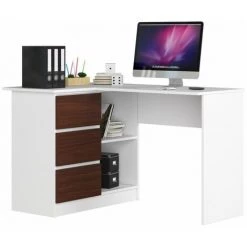 HUCOCO SUNDAR - Bureau D'angle Style Moderne - 124x77x85 - 2 Tablettes+3 Tiroirs - Wengé