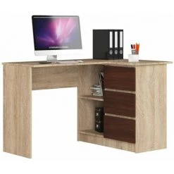 HUCOCO SUNDAR - Bureau D'angle Style Moderne - 124x77x85 - 2 Tablettes+3 Tiroirs - Wengé