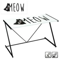 YESDEKO Bureau Verre Trempé Blanc 120x60cm Meow