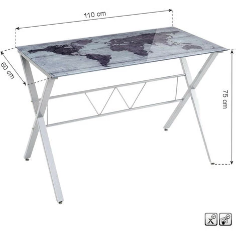YESDEKO Bureau Verre Trempé Gris 110x60cm Mappemonde 5 YESDEKO Bureau Verre Trempé Gris 110x60cm Mappemonde – Image 3