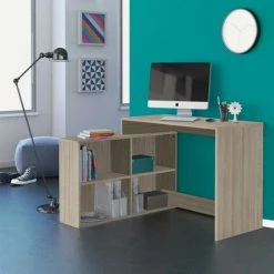 DANSMAMAISON Bureau D'angle 4 Niches Chêne Clair - DIDEROT - L 112 X L 100 X H 77 Cm - Bois