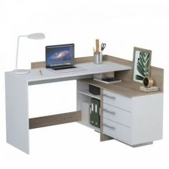 DANSMAMAISON Bureau D'angles 3 Tiroirs Blanc/Chêne - ALES - L 129 X L 105 X H 83 Cm - Blanc