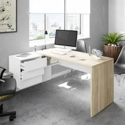 DANSMAMAISON Bureau D'angle 3 Tiroirs + Niche Blanc/Chêne - OFFICIA - L 145 X L 108 X H 73 Cm - Bois Clair