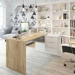 DANSMAMAISON Bureau D'angle 3 Tiroirs + Niche Blanc/Chêne - OFFICIA - L 145 X L 108 X H 73 Cm - Bois Clair -France Bureau Soldes 2022 45792761 3