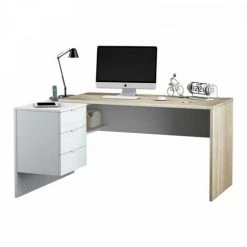 DANSMAMAISON Bureau D'angle 3 Tiroirs + Niche Blanc/Chêne - OFFICIA - L 145 X L 108 X H 73 Cm - Bois Clair -France Bureau Soldes 2022 45792761 4