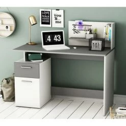 DANSMAMAISON Bureau 1 Porte 1 Tiroir Gris/Blanc - VOLTAIRE - L 121 X L 55 X H 110 Cm - Gris