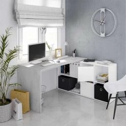 DANSMAMAISON Bureau D'angles 2 Portes + 4 Niches Blanc/Béton - DAPATA PLUS - L 203 X L 66 X H 74 Cm - Blanc