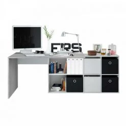 DANSMAMAISON Bureau D'angles 2 Portes + 4 Niches Blanc/Béton - DAPATA PLUS - L 203 X L 66 X H 74 Cm - Blanc -France Bureau Soldes 2022 45792900 4