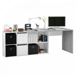DANSMAMAISON Bureau D'angles 2 Portes + 4 Niches Blanc/Béton - DAPATA PLUS - L 203 X L 66 X H 74 Cm - Blanc -France Bureau Soldes 2022 45792900 5