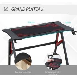 HOMCOM Bureau Gaming Bureau Gamer Bureau Informatique Bracket Casque Porte-gobelet Passe-câbles Tapis De Souris Inclus Métal MDF Texture Fibre Carbone Rouge Noir - Noir -France Bureau Soldes 2022 45847736 5