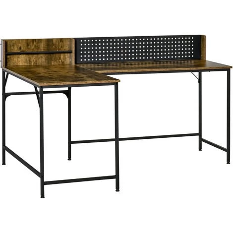 HOMCOM Bureau D'angle Informatique Design Industriel - Porte-revues, Panneau Mémo Perforé - Métal Noir MDF Aspect Bois Vieilli - Marron 3 HOMCOM Bureau D'angle Informatique Design Industriel - Porte-revues, Panneau Mémo Perforé - Métal Noir MDF Aspect Bois Vieilli - Marron