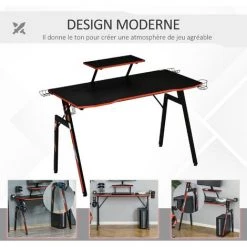 HOMCOM Bureau Gaming Bureau Gamer Bureau Informatique Bracket Casque Enceintes Porte-gobelet Grand Plateau MDF Texture Carbone + étagère écran Châssis Acier Rouge Noir - Rouge -France Bureau Soldes 2022 47140787 4