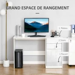 HOMCOM Bureau Informatique Multimédia 2 Tiroirs Couliisants Placard Blanc Laqué - Blanc -France Bureau Soldes 2022 47488943 5