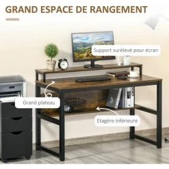 HOMCOM Bureau Design Industriel - 2 étagères - Châssis Métal Noir Grand Plateau Panneaux Particules Bicolore Noir Et Boisé - Marron -France Bureau Soldes 2022 47488951 5