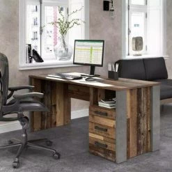 MEUBLETMOI Bureau Droit L160cm 3 Tiroirs Effet Bois Vieilli Et Béton Gris - BUCK - Bois -France Bureau Soldes 2022 47933729 2