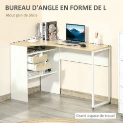 HOMCOM Bureau D'angle Bureau Informatique Multimédia Multi-rangement Métal Panneaux Particules Aspect Chêne Clair Blanc - Beige -France Bureau Soldes 2022 48441288 4