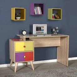 MOBILIER DECO MABEL - Bureau Couleur Bois Avec 2 Tiroirs Multicolores MABEL - Bois -France Bureau Soldes 2022 48577340 4