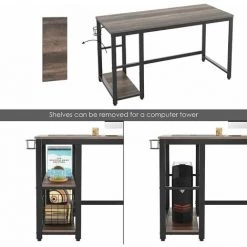 BAMNY Bureau D'ordinateur, Table Informatique, Avec 2 Étagères Porte-gobelet Et Porte-Casque, Pour Étude Et Bureau, Bureau Informatique, Style Industriel, Marron Foncé, 140x60x75 Cm -France Bureau Soldes 2022 49636648 3