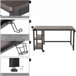 BAMNY Bureau D'ordinateur, Table Informatique, Avec 2 Étagères Porte-gobelet Et Porte-Casque, Pour Étude Et Bureau, Bureau Informatique, Style Industriel, Marron Foncé, 140x60x75 Cm -France Bureau Soldes 2022 49636648 5