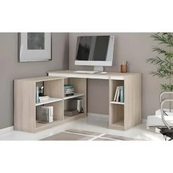 Bureau D'angle Avec étagères Coloris Chêne / Blanc - Longueur 136 X Profondeur 136 Cm -PEGANE-