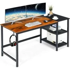 COSTWAY Bureau D'Ordinateur Épissure, Bureau Informatique Avec Étagères De Rangement à 2 Niveaux, Étagère Du Milieu Amovible Et Crochet Pour Casque, 150 X 60 X 74 Cm