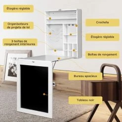 COSTWAY Bureau Mural Rabattable, Table Murale Pliable Avec Compartiments Intégrés Et Plateau Inscriptible, 87 X 60 X 150 CM Blanc