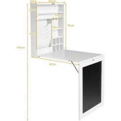 COSTWAY Bureau Mural Rabattable, Table Murale Pliable Avec Compartiments Intégrés Et Plateau Inscriptible, 87 X 60 X 150 CM Blanc -France Bureau Soldes 2022 50197414 4