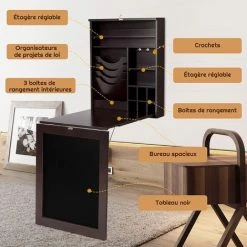 COSTWAY Bureau Mural Rabattable, Table Murale Pliable Avec Compartiments Intégrés Et Plateau Inscriptible, 87 X 60 X 150 CM Marron -France Bureau Soldes 2022 50197418 3