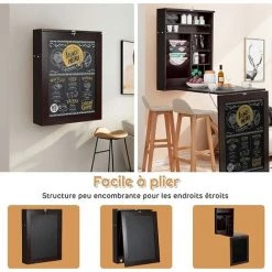 COSTWAY Bureau Mural Rabattable, Table Murale Pliable Avec Compartiments Intégrés Et Plateau Inscriptible, 87 X 60 X 150 CM Marron -France Bureau Soldes 2022 50197418 4