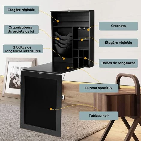 COSTWAY Bureau Mural Rabattable, Table Murale Pliable Avec Compartiments Intégrés Et Plateau Inscriptible, 87 X 60 X 150 CM Noir 4 COSTWAY Bureau Mural Rabattable, Table Murale Pliable Avec Compartiments Intégrés Et Plateau Inscriptible, 87 X 60 X 150 CM Noir – Image 2
