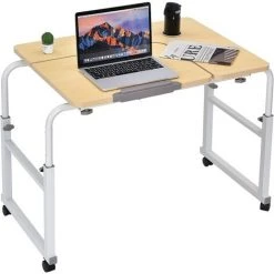 COSTWAY Bureau Informatique Réglable En Hauteur Et En Longueur, Table De Lit Avec Rroues Verrouillables, Plateau Iclinable Et Dispositif Anti-pincement 90-140 X 60 X 56-85 Cm Naturel