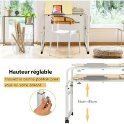 COSTWAY Bureau Informatique Réglable En Hauteur Et En Longueur, Table De Lit Avec Rroues Verrouillables, Plateau Iclinable Et Dispositif Anti-pincement 90-140 X 60 X 56-85 Cm Naturel -France Bureau Soldes 2022 50197423 4