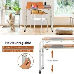 COSTWAY Bureau Informatique Réglable En Hauteur Et En Longueur, Table De Lit Avec Rroues Verrouillables, Plateau Iclinable Et Dispositif Anti-pincement 90-140 X 60 X 56-85 Cm Café -France Bureau Soldes 2022 50197448 4